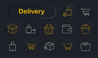 Delivery set icon. Shopping cart, box, price tag, bag, basket, online shopping, ecommerce, package, retail, shipping, logistics, purchase, delivery, distribution, consumer goods, order.