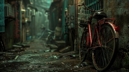 Obraz premium A single bicycle leans against a wall in an empty alleyway, symbolizing the quiet, solitary moments found in the hidden corners of a city.