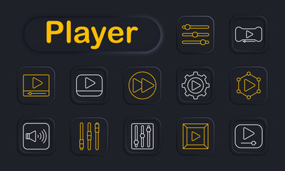 Player set icon. Play button, fast forward, volume control, equalizer, media, interface, audio, sound, video, playback, settings, technology, control, digital, entertainment.