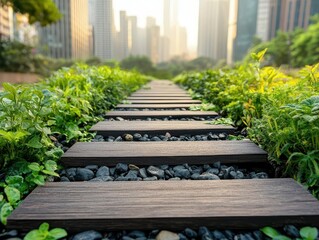 Urban green corridors, vibrant pathways, city sustainability, ecological balance