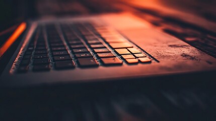 Fototapeta premium Close-up of a laptop keyboard with a warm, orange glow. The keys are black and the laptop is silver.