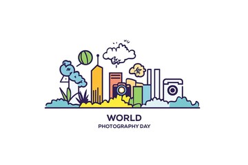 Fototapeta premium World Photography Day with World Map Background, photographer taking photo. World Photography Day social media banner and instagram banner post design