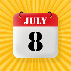 8 July. Speech bubble with calendar 2024, 2025. Year, month, day, week, time management. Planning concept. 3d illustration. Pop art style. Vector line icon for Business and Advertising