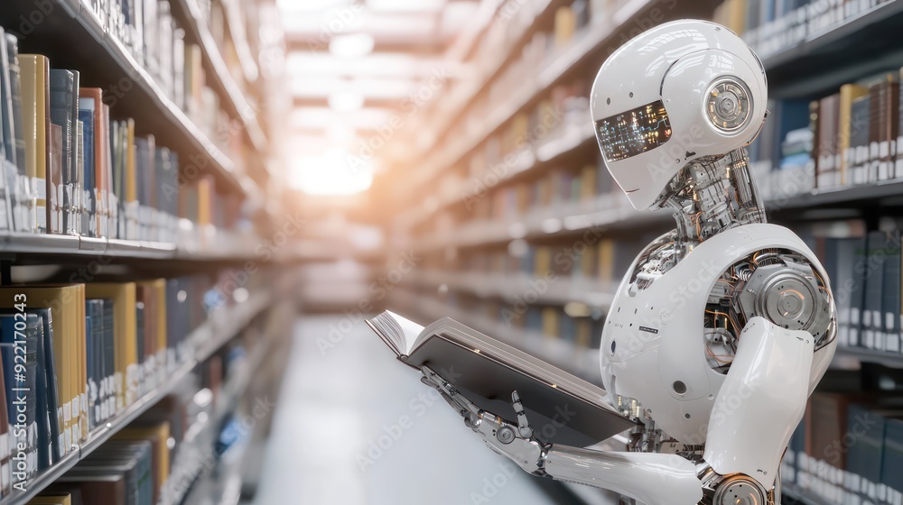 Poster digitizing knowledge: ai-powered robot librarian managing a digital library, generative ai