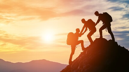 "Teamwork in Nature: Climbing Together at Sunset"