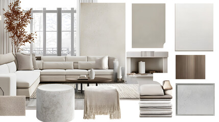 interior design moodboard for inspiration, natural materials, grey color tones