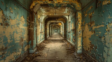 Obraz premium An empty corridor in an old, abandoned hospital, the walls peeling and the light dim, creates a haunting and solitary scene.