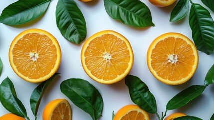 Orange Slices and Leaves on White Background