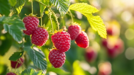 Freshly ripened raspberries hanging from green branches in a sunlit garden