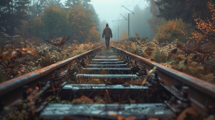 Naklejka premium A person walks along a deserted railway track, the old, rusted rails stretching out into the distance and the surrounding landscape overgrown with weeds, symbolizing a journey of solitude and