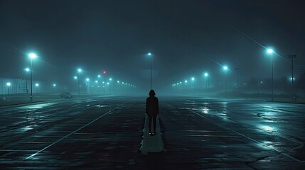 A solitary figure stands in the middle of a vast, empty parking lot at night, the only light coming from the distant streetlights, capturing a moment of urban isolation.