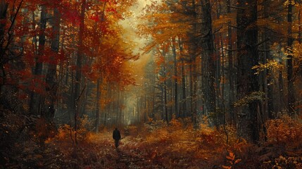 Fototapeta premium A solitary figure walks along a narrow path through a dense forest, the tall trees creating a canopy overhead and the ground covered in fallen leaves, evoking a sense of mystery and solitude.