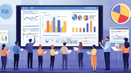 A diverse group of business professionals analyzing data on a large screen in a modern office environment. The atmosphere is collaborative and focused.