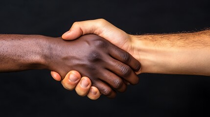 A close-up of a handshake between a Black male hand and a white male hand, symbolizing unity and diversity against a dark background.