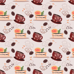 Coffee and cake seamless pattern design with cups and coffee grains, vector illustration. Design for poster, banner, card for coffeehouse and packaging.