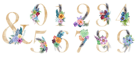 Naklejka premium Letter set, floral Number with Ampersand with watercolor Succulents cactus stone crystal. Monogram initials perfectly