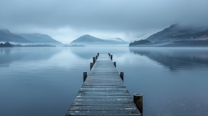 Fototapeta premium An empty pier stretching out into the calm water at dawn, the mist rising from the surface and the distant mountains shrouded in fog, creates a peaceful and solitary scene.