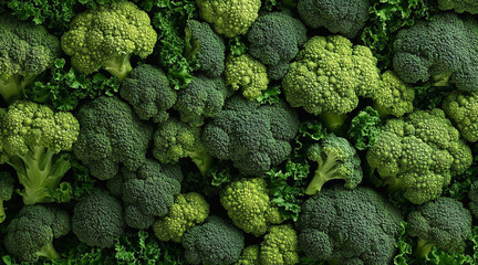 Fresh green broccoli background. Top view. 3d render illustration.
