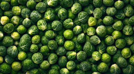 Fresh green brussels sprouts background, top view, close up