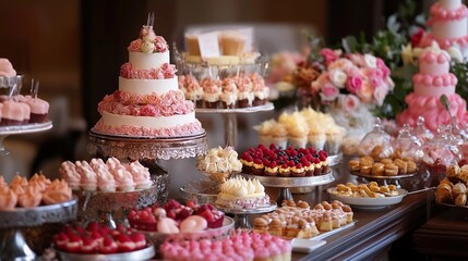 Candy bar with different kinds of sweet cakes and pastries.