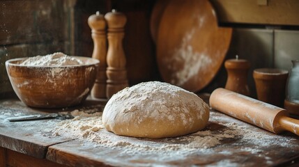 Bread dough and rolling pin on a wooden table in the kitchen