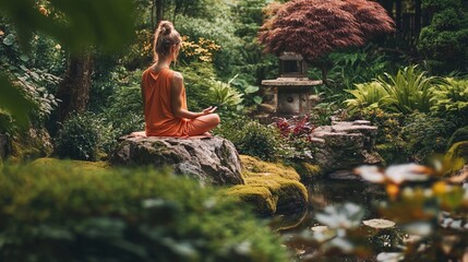 Young woman practicing yoga in the garden. Healthy lifestyle and relaxation concept.