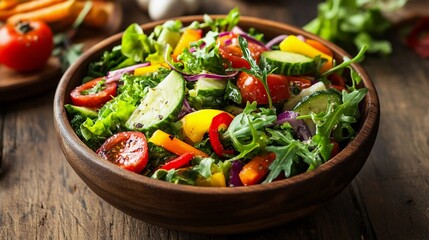 Vegetable salad with arugula, tomato, cucumber and bell pepper