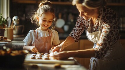 Cute little girl and her grandmother baking cookies in the kitchen.