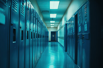 Fototapeta premium Warmly Illuminated School Corridor with Blue and Teal Lockers in a Cinematic Wide-Angle Perspective, Featuring Modern and Clean Design Elements.