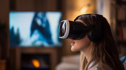 Young woman wearing virtual reality goggles at home in the living room. 