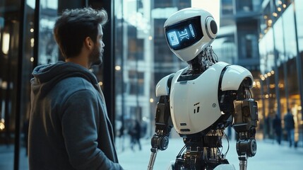 Side view of man and robot looking at each other while walking in city