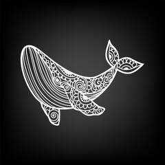 Whale mandala. Vector illustration. Adult coloring page. Whale sea animal in Zen boho style. Peaceful marine. Mystical and Spiritual art