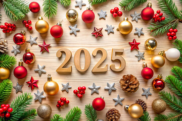 The numbers 2025 are  by Christmas tree decorations, cones and fir branches, creating a festive New Year's atmosphere.