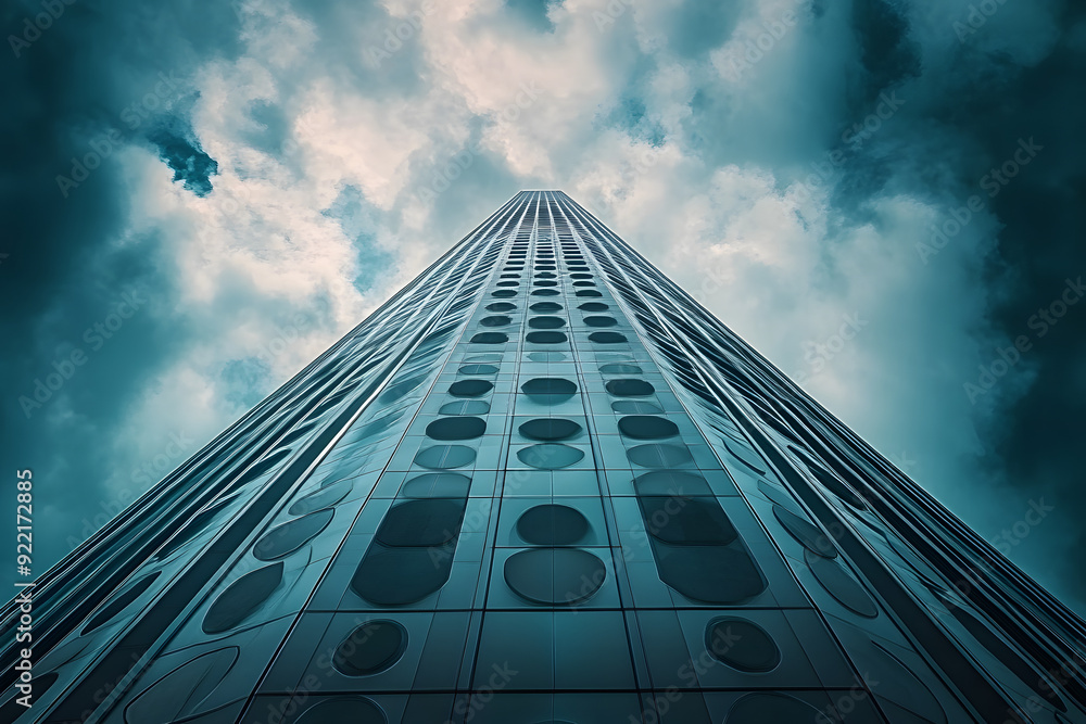 Poster  a tall skyscraper against a cloudy sky with circular patterns