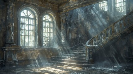 Naklejka premium An empty stairway in an old, abandoned building, with sunlight streaming through broken windows, creates a haunting and solitary atmosphere.