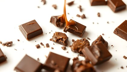 Set of pieces of dark chocolate falling close up on a white background
