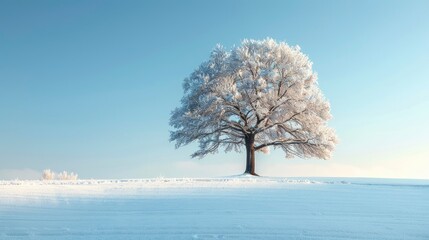 A single tree stands in the middle of an expansive, snow-covered field, representing resilience and loneliness in the cold, harsh environment.