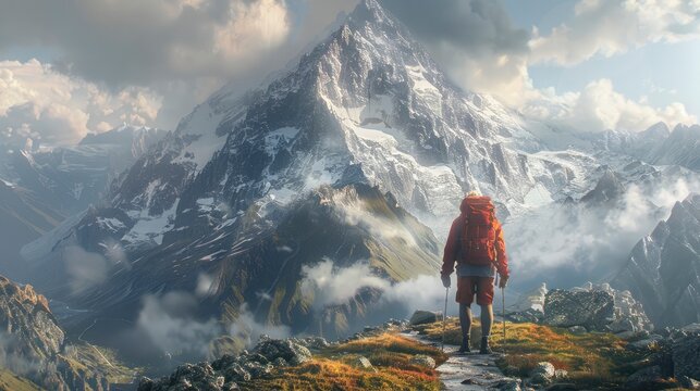 A lone hiker pauses on a mountain trail, surrounded by towering peaks and a vast, empty landscape, capturing the feeling of being alone in the wilderness.