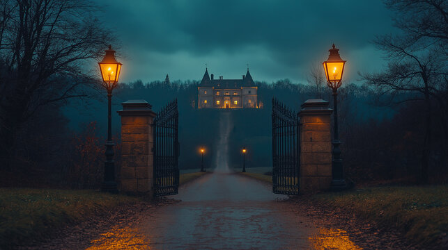 A iron driveway gate with two 19th century street lights to a haunted castle on a hill on a dark halloween night, halloween, spooky, night time, eerie, ghosts, haunted