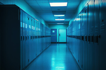Fototapeta premium Elegant School Corridor Featuring Blue and Teal Lockers in a Wide-Angle Cinematic View, Enhanced by Warm Lighting and Contemporary Design Elements.