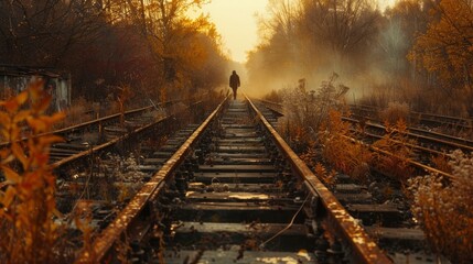 A solitary figure walks along a deserted railway track, the old, rusted rails stretching out into the distance and the surrounding landscape overgrown with weeds, symbolizing a journey of solitude