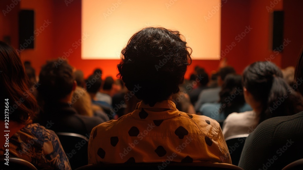 Poster A crowd is gathered in a theater, focusing on a presentation illuminated by a large screen at the front.