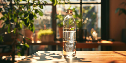 Vitamin-enhanced water bottle, clear with visible label detailing vitamin content, standing on a wooden table