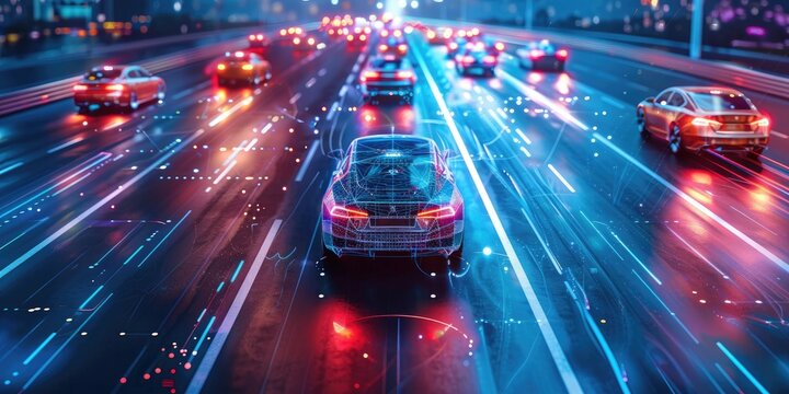 A 3D self-driving car moves automatically through a city highway. AI sensors scan the road ahead to find this vehicle. Generated AI