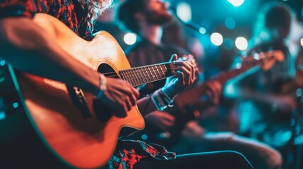 Obraz premium A musician plays an acoustic guitar while others join in, creating a vibrant atmosphere filled with music and energy.