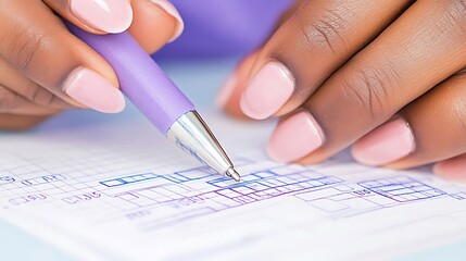 Close-up of a woman�s hands, featuring manicured nails, holding a purple pen while filling out a planner or form, showcasing organization and productivity.