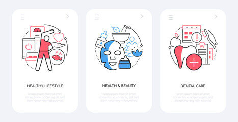 Healthy and beauty lifestyle - line design style banners set with place for text. Proper nutrition, exercise, mask, spa, yoga, dental care, toothbrush and paste, sports and diet idea, weight control