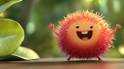 A cheerful cartoon rambutan with a fluffy exterior, bouncing around playfully.