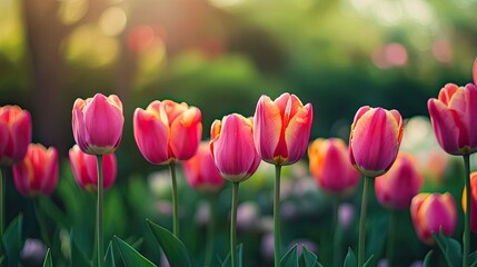 Fototapeta premium A close-up panoramic view of blooming tulips in a springtime coniferous garden, with vibrant colors standing out against the lush green backdrop.