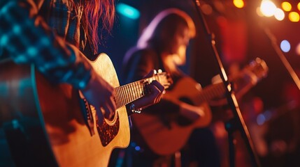 Obraz premium Two musicians play acoustic guitars in a lively venue, surrounded by colorful lights and an engaging atmosphere.